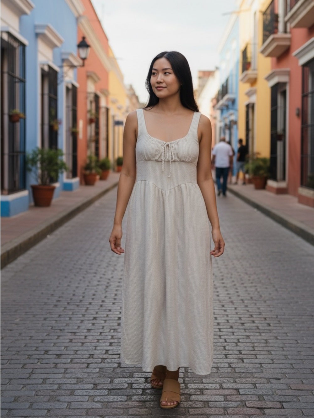 The Workshop | Striped Smocked Maxi Dress | Beige Cream | Size L
